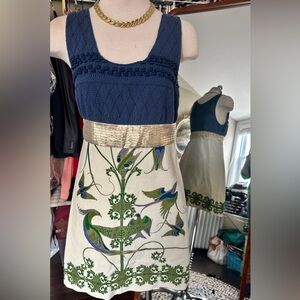 Free People Navy & Cream Embroidered Bird-Print Mini Dress with Gold Waistband